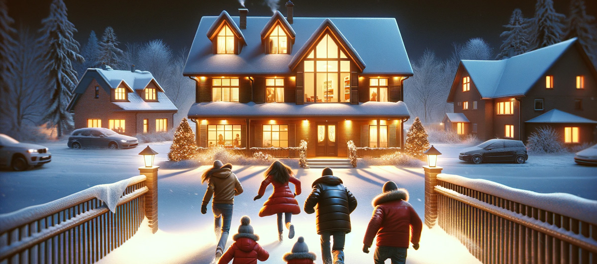 image showing people running to house in snow