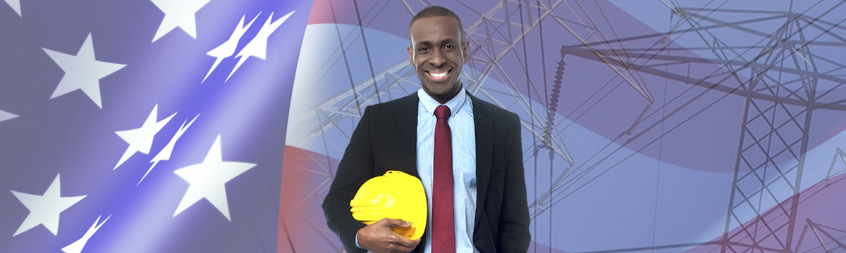 Veteran in suit holding a hard hat