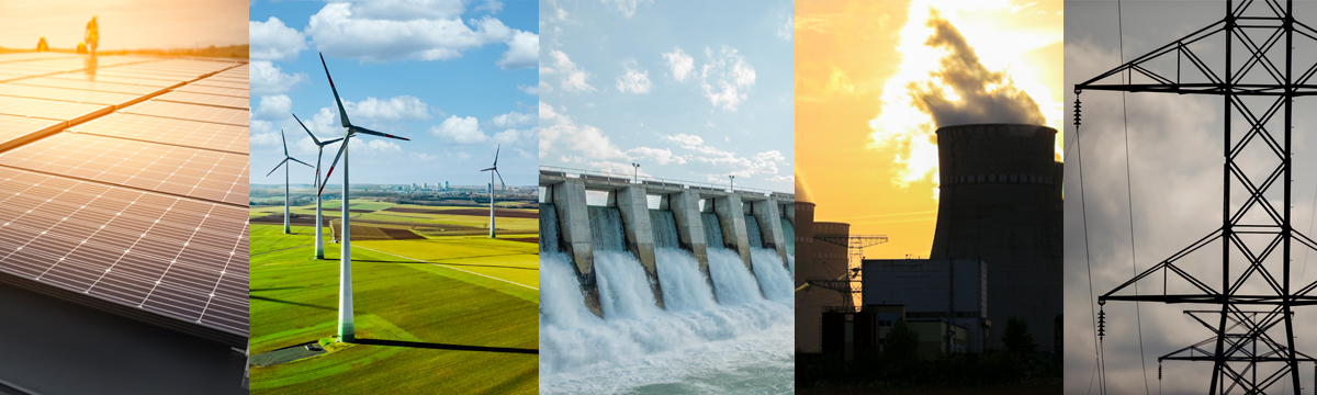 A montage of solar, wind, hydro and nuclear power and a high voltage electric transmission line.