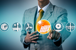 Photo illustration of man pointing at different energy sources